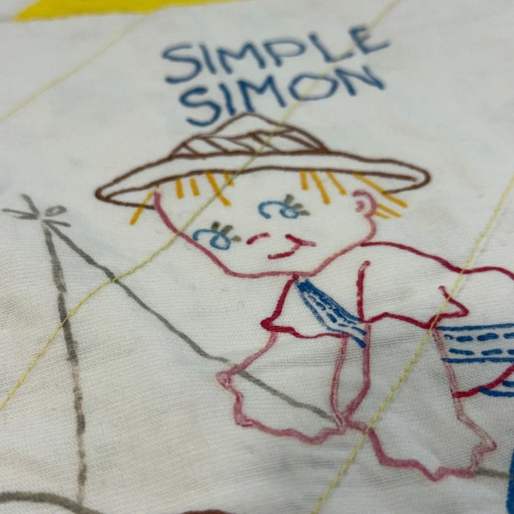Vintage Nursery Rhyme Baby Quilt Yellow White Hand Painted Hand Made 40x51